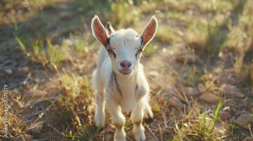  A small white goat atop a dry grassy field, surrounded by growing grass on its sides