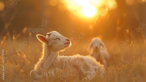   A baby goat naps in the grass; sun filters through trees, revealing another baby goat behind photo