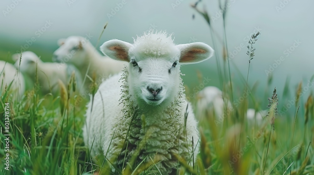   A tight shot of a sheep in a misty grass field, surrounded by other sheep in the distance