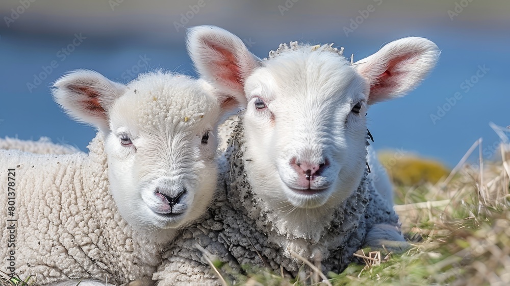 A couple of sheep lie next to each other on a grass-covered field near a body of water A couple of sheep lie next to each other on a grass-covered field near a body of water