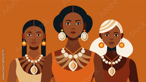 Models adorned in bold statement jewelry made from natural materials like wood and shells symbolizing the connection to the land and ancestral. Vector illustration