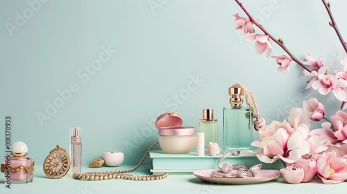 Perfume Bottles, Skincare Jars, and Jewelry with Blossoms on Pastel Background, Elegant Feminine Beauty and Fashion Arrangement