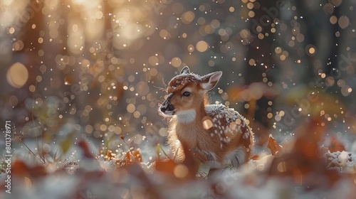   A small deer stands in a forest bedecked with numerous snow-covered grasses and snowflakes dusting the blades photo