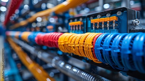 A close up of a bundle of electrical cables in red, yellow, and blue.