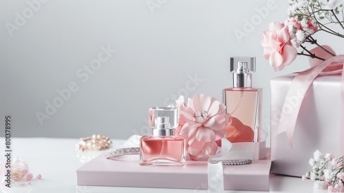 Pink Perfume Bottles with Flowers, Gift Box, and Jewelry on White Background, Romantic Feminine Beauty and Luxury Arrangement