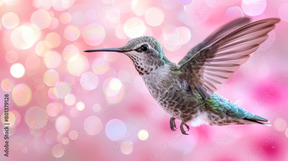 A hummingbird flies through the air, wings spread, head slightly tilted A hummingbird flies through the air, wings spread, head slightly tilted