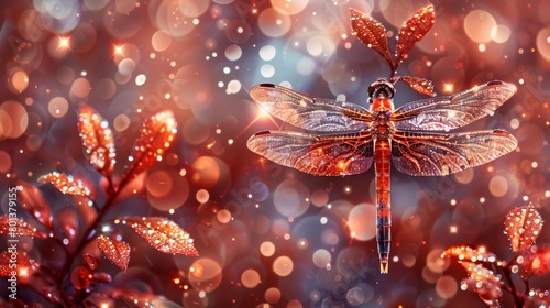  A red dragonfly perches atop a leafy plant, its wings adorned with numerous water droplets