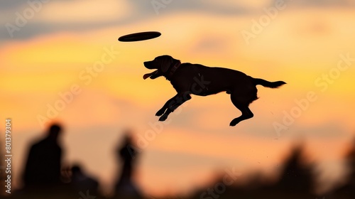   A dog leaping for a frisbee against a silhouette of onlookers