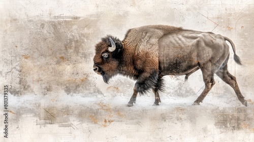  A painting of a bison standing in a snowy landscape with a grungy building in the background