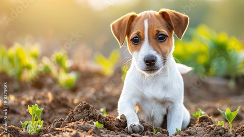  A small brown-and-white dog sits atop a dirt mound near a verdant field of plants