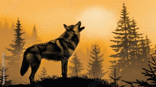  A wolf atop a hill gazes over a forest of pine trees beneath a sun-kissed, yellow sky