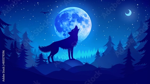   A wolf atop a hill, silhouetted against a full moon Trees populate the foreground A backdrop of a vast, luminous moon completes the scene © Jevjenijs
