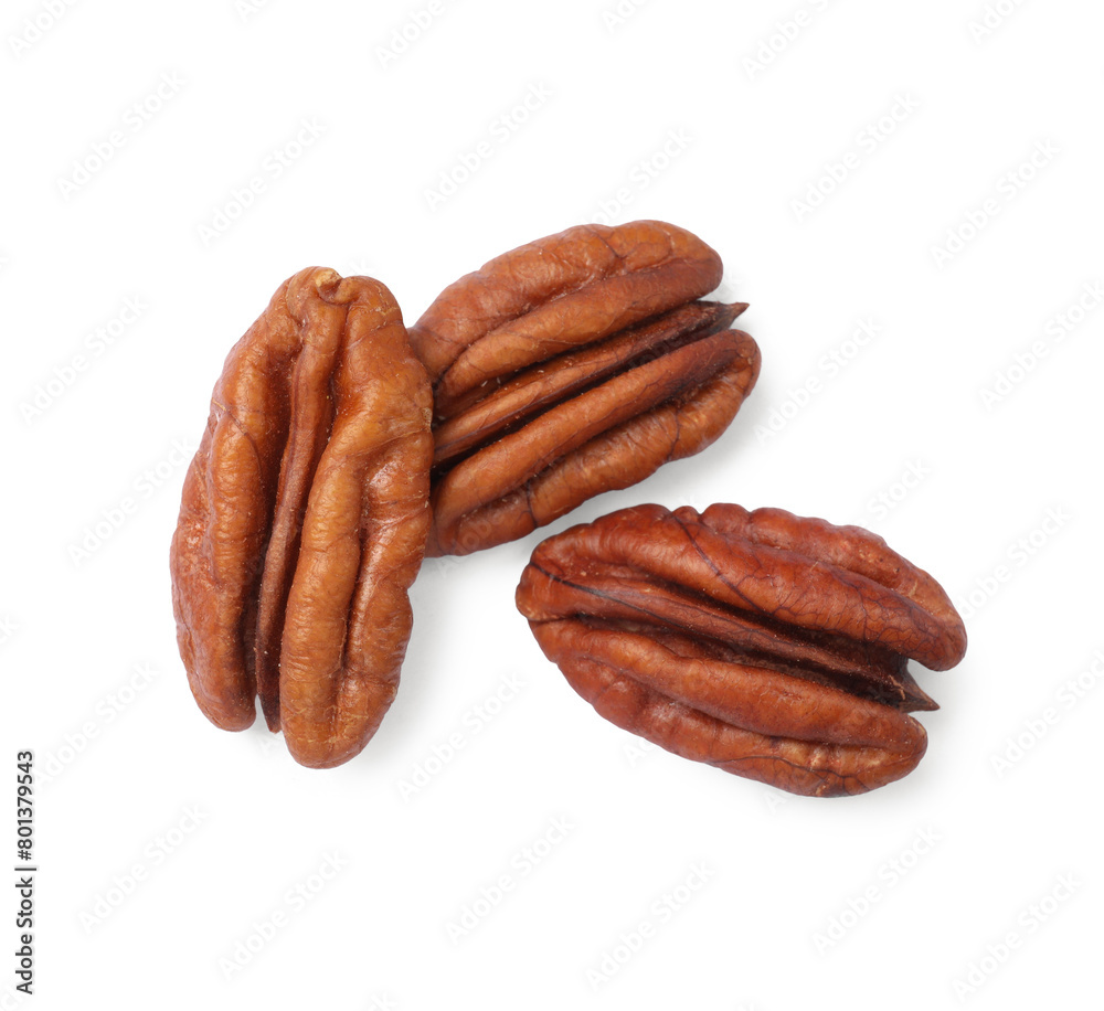 Tasty pecan nuts isolated on white, top view Tasty pecan nuts isolated on white, top view