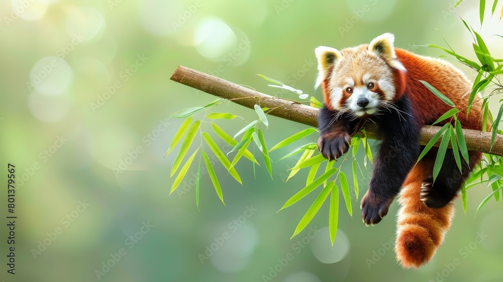   Red panda atop tree branch, adjacent to green, leafy foliage Background softly blurred
