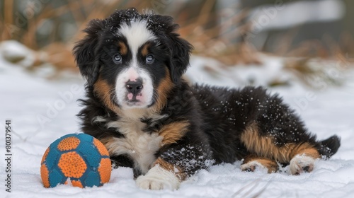  A black, brown, and white dog lies in the snow with a blue and orange ball before it