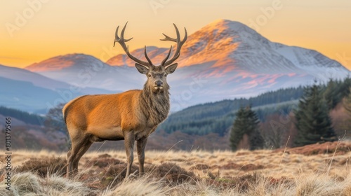   A red deer atop a dry  grass-covered field gazes towards a sunsetting mountain