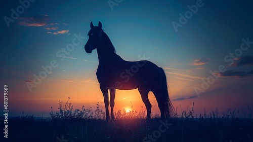   A silhouetted horse stands in a field as the sun sets  casting long shadows  clouds scatter across the sky