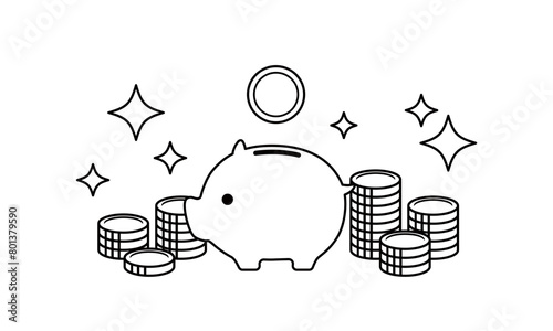 豚の貯金箱と山積みのコインのイラスト