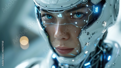 Close-up of a humanoid robot face—futuristic tech, chatbot assistance.