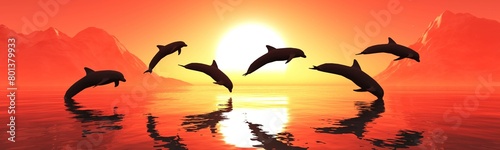 Dolphins playing against the backdrop of sunset  seascape with dolphins  3D rendering