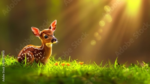  A small deer atop a verdant field, dotted with lush green grass, borders a forest teeming with numerous trees
