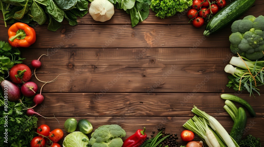 A variety of fresh vegetables beautifully arranged on a dark wooden table with ample copy space in the center.
