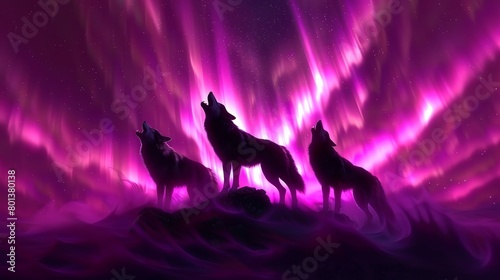   Three wolves stand before a purple-pink sky, aurora lights shining behind them © Jevjenijs