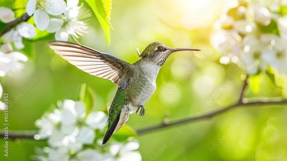 A hummingbird rests on a tree branch, adorned with white blossoms in the foreground and verdant leaves as backdrop A hummingbird rests on a tree branch, adorned with white blossoms in the foreground and verdant leaves as backdrop