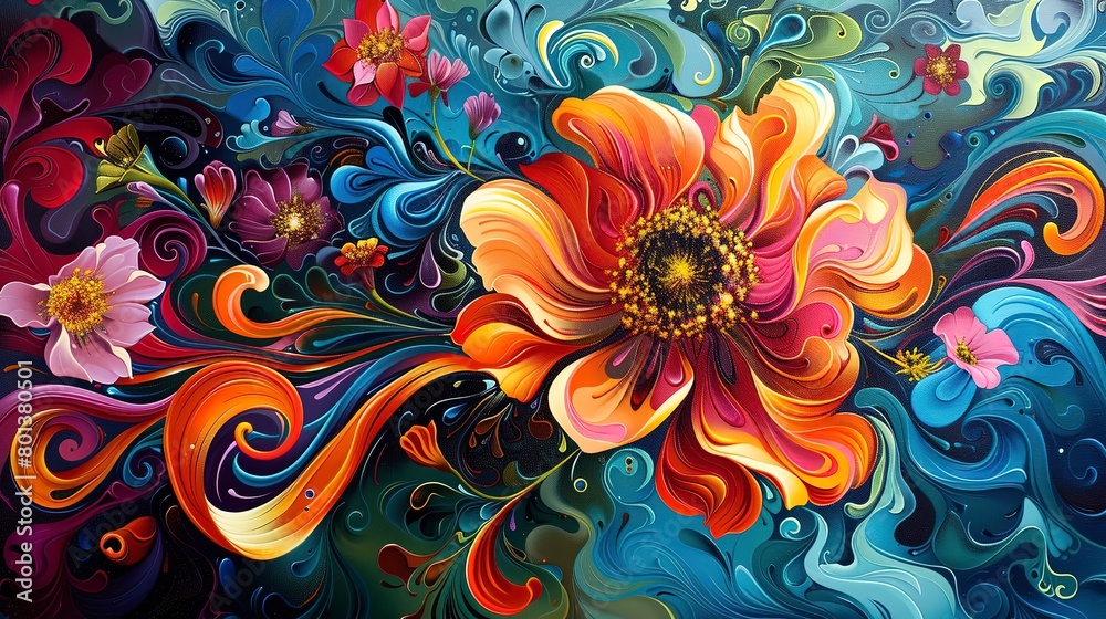 Swirling floral abstract, capturing the essence of psychedelic art with intense colors and patterns. 
