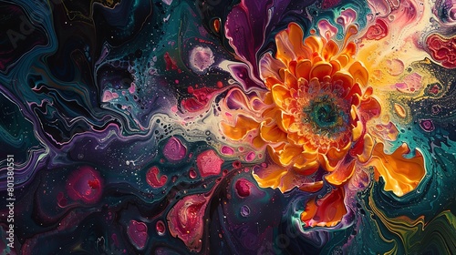 Swirling floral abstract, capturing the essence of psychedelic art with intense colors and patterns. 