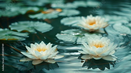   A collection of water lilies atop a water surface  their pads submerged beneath