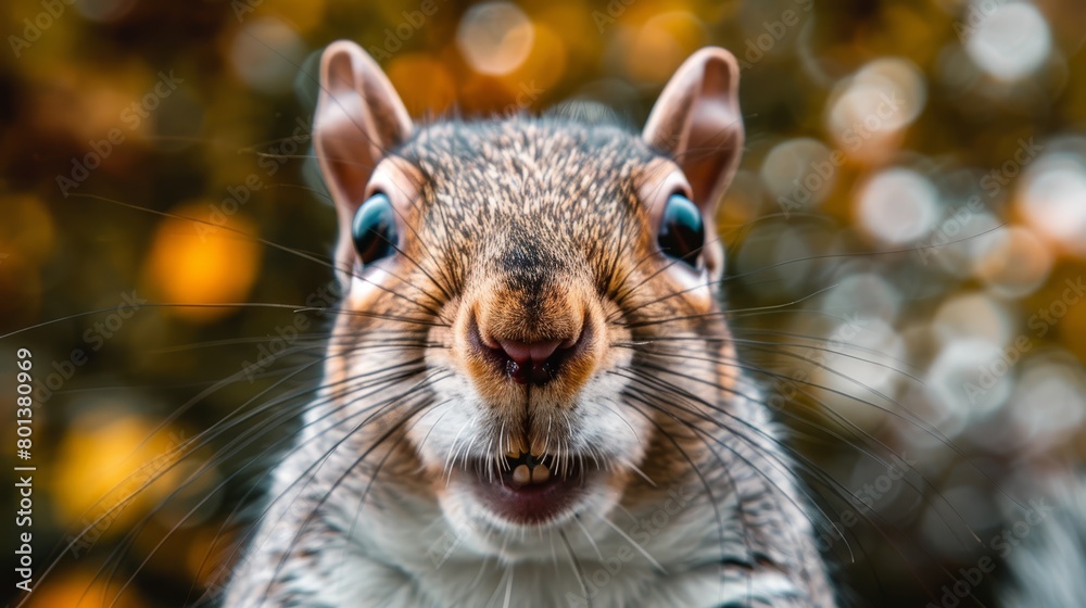 A tight shot of a squirrel's face amidst blurred tree and bush backdrop A tight shot of a squirrel's face amidst blurred tree and bush backdrop