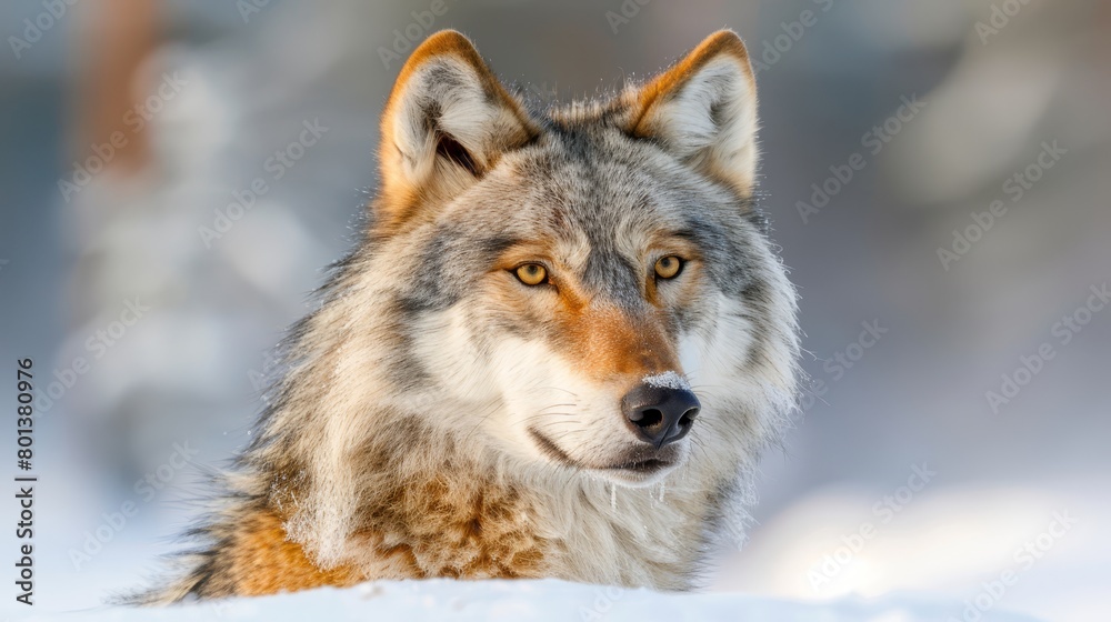   A tight shot of a wolf's expressive face, nestled in snowy surroundings Trees loom in the distant background