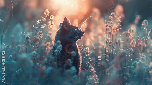   A cat seated amidst a tall grass field, bathed in sunlight filtering through the blades photo