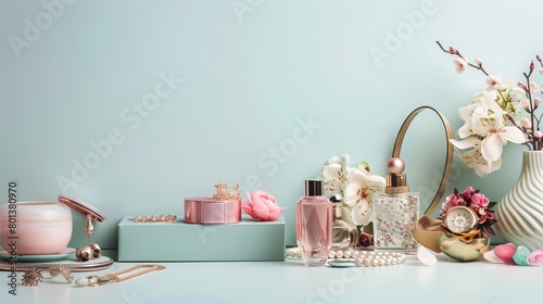 Perfume Bottles, Jewelry, and Pink Flowers on Mint Background, Elegant Beauty and Fashion Accessories Display with Feminine Charm