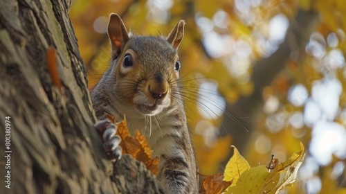  A squirrel posed next to a tree, head turned towards the branch and gazing at the camera