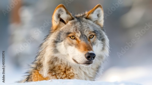   A tight shot of a wolf's expressive face, nestled in snowy surroundings Trees loom in the distant background © Jevjenijs