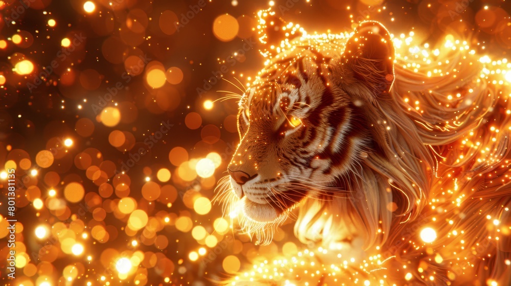  A tight shot of a tiger's expressive face, surrounded by a hazy backdrop of golden lights in the foreground