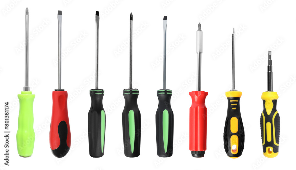 Many different screwdrivers isolated on white, set Many different screwdrivers isolated on white, set