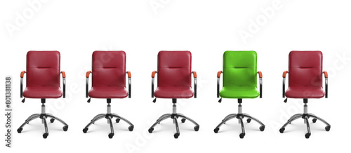 Vacant position. Green office chair among red ones on white background, banner design