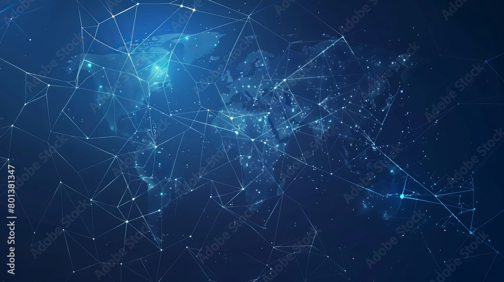 Fototapeta premium Vector illustration of a futuristic world map symbolizing global social networks and technological advancements, set against a blue plexus geometric background.