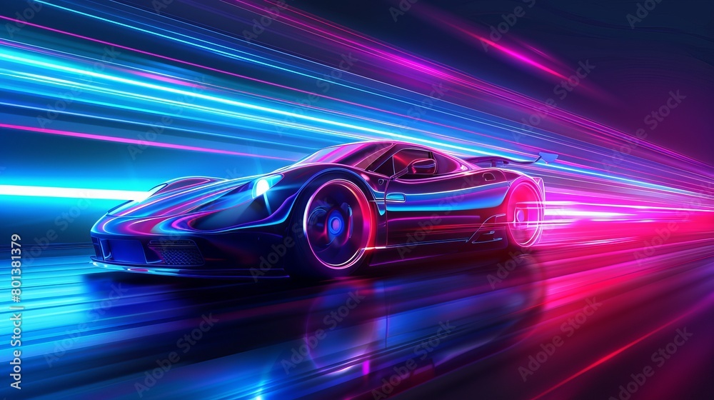Vector illustration of a fast-moving sports car adorned with blue and red glowing neon lights, indicating high-speed motion. Vector illustration of a fast-moving sports car adorned with blue and red glowing neon lights, indicating high-speed motion.