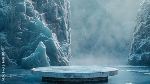 Ice cave with a marble pedestal in the center photo