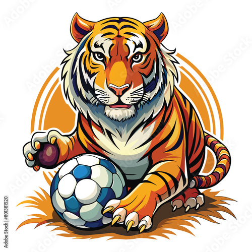 a tiger playing with a soccer ball in front of a yellow circle