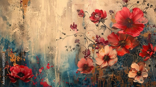 Detailed view of abstract florals  emphasizing rustic textures and tones for a warm  inviting feel. 