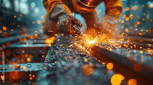 A welder wearing protective gear is welding a metal beam, sparks are flying from the welding torch. photo