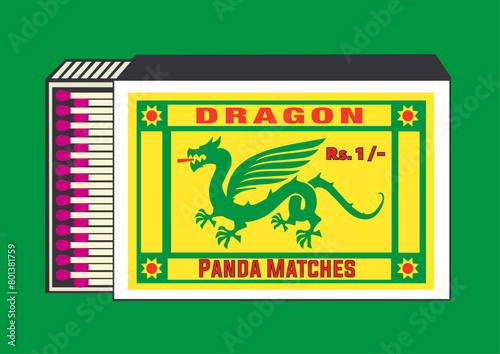 Wyvern, Draco, Monster, Tarragon, Flying lizard in matchbook, lighter belonging, lighter can, matchbox, matches vector illustration. Vintage, antique retro style packaging. Indian art old style design