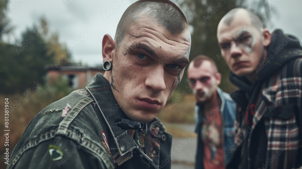Fototapeta premium Three intense young men with unique hairstyles and face tattoos in an outdoor, slightly blurred background.