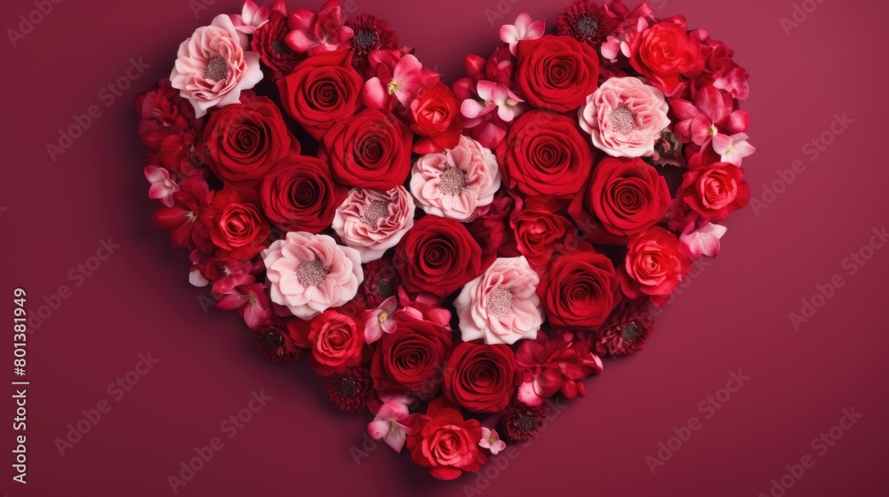 heart shape rose ranunculus buttercup frame red background, ai heart shape rose ranunculus buttercup frame red background, ai