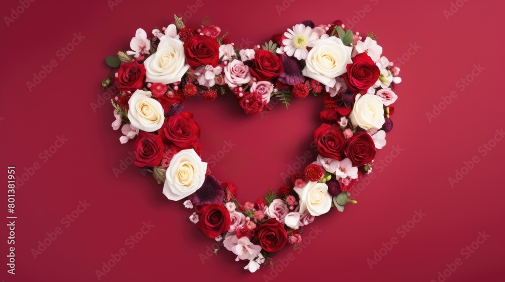 heart shape rose ranunculus buttercup frame red background, ai heart shape rose ranunculus buttercup frame red background, ai